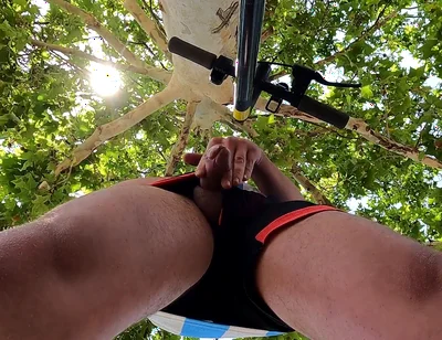 Bulging Young Man Moans with Pleasure in Park Jerking off a Summer Handjob