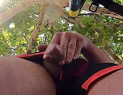 Bulging Young Man Moans with Pleasure in Park Jerking off a Summer Handjob