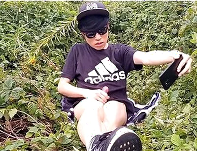 Cute French-asian Gay Twink Jerks Off His Shaved Cock Outside Cums Thick Cum Sticking To His Fingers