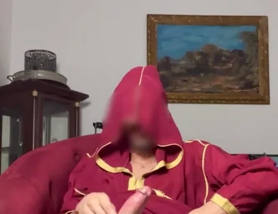 Arab Guy Wearing Jellaba Showing off and Edging His Fat Muslim Dick Before Cumming