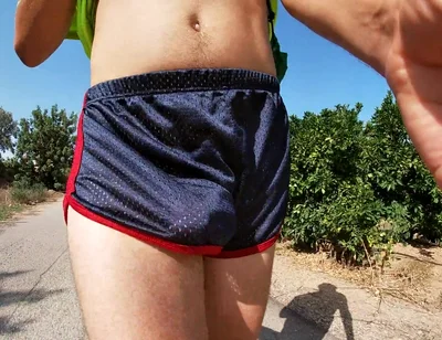 So Hot! Running with My Erect Cock Out Wearing Shiny See Thru Cock Sport Shorts