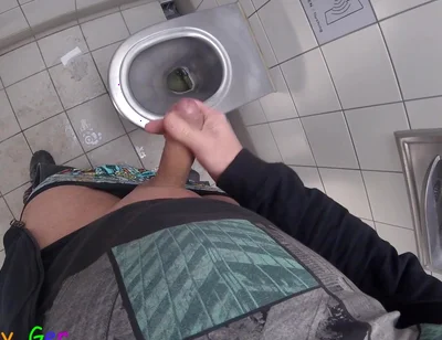 I Pee and Jerk off My Thick, Shaved Foreskin Cock Until I Cum a Large Load in a Motorway Toilet.