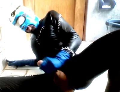 Blue Hornet in Spandex Catsuit Cums on Blue Latex Gloes and Mask