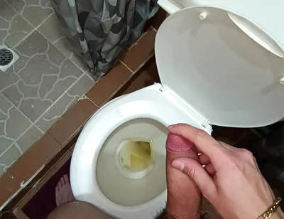 Two Shots of Cum on the Pee in the Bathroom