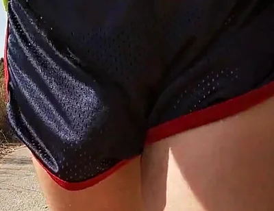 So Hot! Running with My Erect Cock Out Wearing Shiny See Thru Cock Sport Shorts