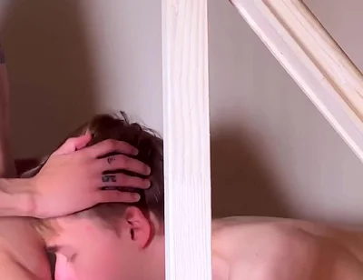 Aiden Sucks Matty's Dick on the Stairs: Hot Twinks Deepthroat with Cum