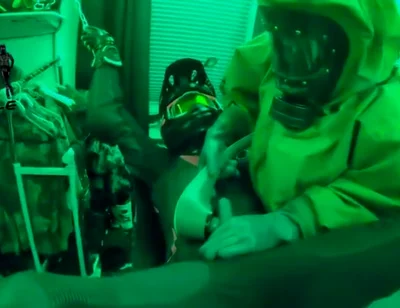 Hazmat gear boys fucking biker in sling