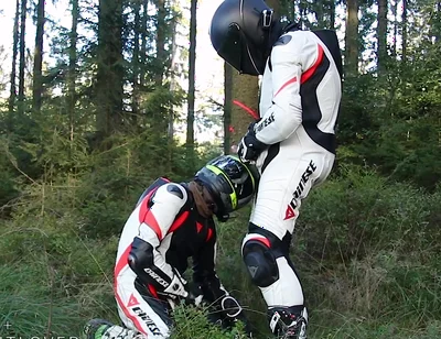 Bikers wank outdoos with cum on helmet