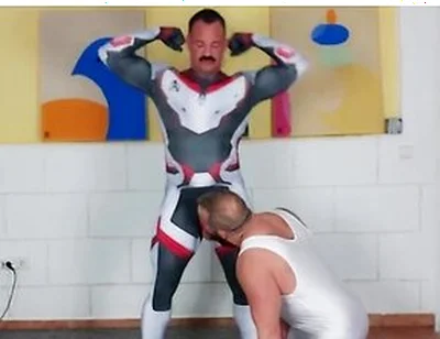 Muscle Daddy - Muscle Man Tries On Spandex Cosplay Suit With The Help Of His Muscle Stepdaddy