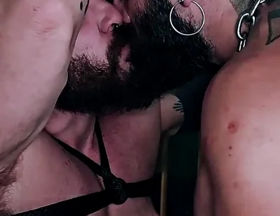 Muscle Hairy Sub Bondage & Piss. Bearded Master Uses a Kinky Pig