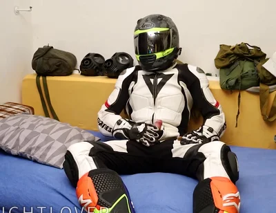 Leather biker cuming in gear