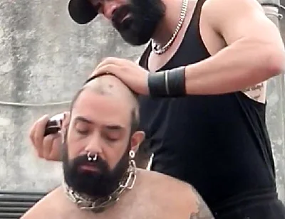 The Bearded Master Has a Hairy Pig Slave and Shaves Its Head.