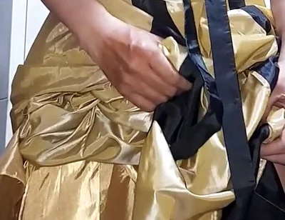 Gold Satin Silk Longdress Evening Gown Masturbation