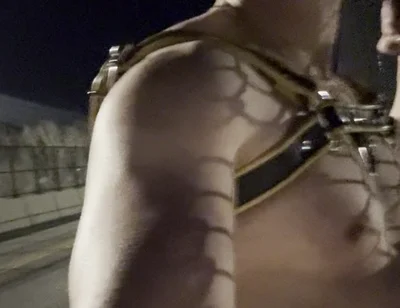 Midnight Muscle Tease: Asian Hunk Flexes Ass & Biceps in Yellow Harness on Highway Bridge
