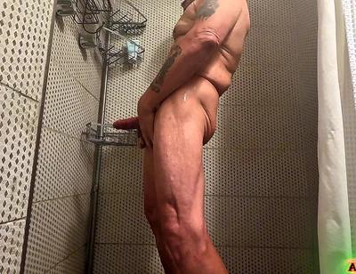 Solo Shower Scene - Soaping up and Dropping Loads