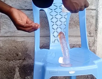 Big Black Ass Bottom Riding His Dildo Outside