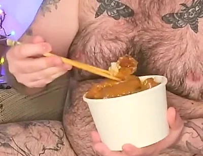Stepdaddy Stuffs His Face with a Takeaway and Enjoys It so Much He Wanks with the Sauces!