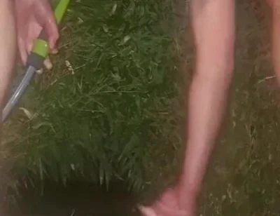 Clean Pressure Enema with Ass Lips and Pissing - Outdoor Garden Hose Anal