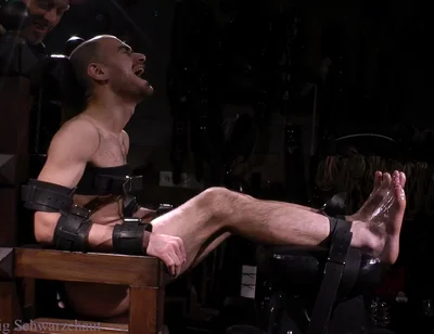 Confident Muscle on Throne: Oiled Feet Tickled with Epilator & Tools