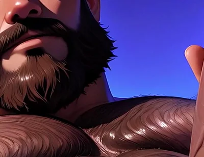 Thick Hairy Bear Stroking Himself Sensually. Man Bun and Massive Body