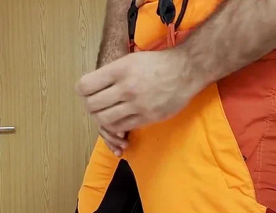 Lumberjack in Hivis Jerks His Huge Cock and Muscle Worship