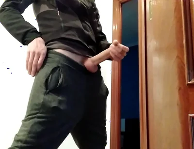 Handjob From Hot Amateur Guy with Big Cock, Shoots at the Door