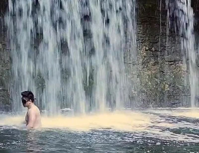 Muscular Asian Hunk Flexes in Speedo by Waterfall - Tight Ass & Hole Tease, Strips Naked & Explodes with Massive Cumshot