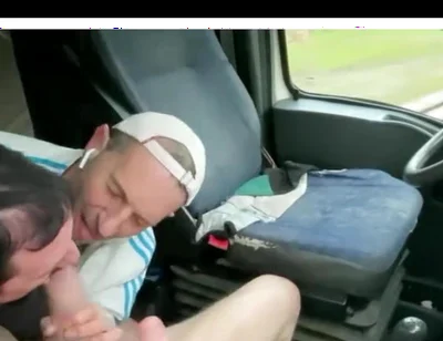 Three guys in a truck blowjob