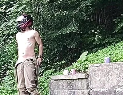 Jerking off in Public on the Road Near a Spring, Caught by a Young Man Masturbating Completely Naked