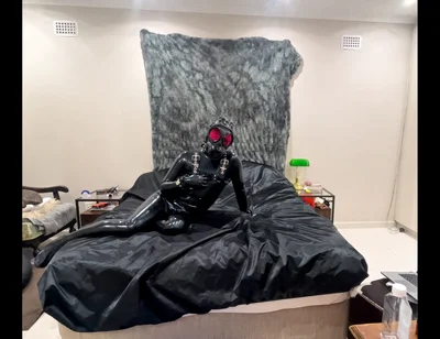Latex Drone Activation - Gas Mask Transformation in Glossy Black Latex