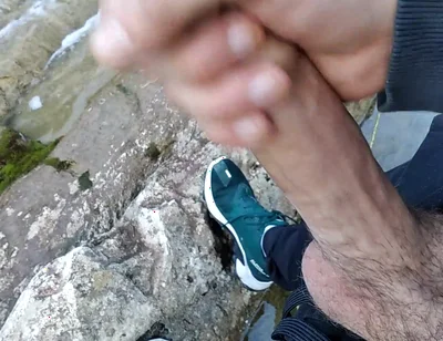 Handsome Gives Perfect Cumshot From Nice Big Hard Cock Spit in Front of River Waterfall