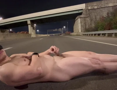 Naked Muscled Asian Walks to the Middle of an Empty Road at Night, Flexes Hard & Shoots a Massive Load