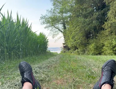 Risky Bwc Stroking Outdoors on Meadow with Lake View - Big Cumshot