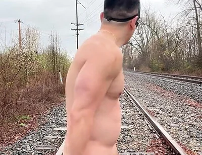 Rain-soaked Asian Muscle God in Jockstrap Bounces Pecs, Shows V-taper & Eats His Massive Load on Train Tracks