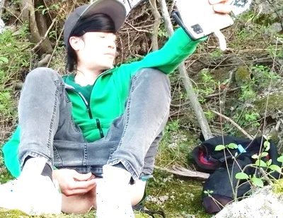 Risky Masturbation Outdoors a Man's Voice Caught This Cute Gay Twink with His Balls Hanging Out, Jerking off His Uncut Foreskin