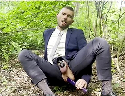 Suited Gentleman Is Spreading Legs Like Slut And Plays With His Malepussy With Locked Dick With Power Bottom
