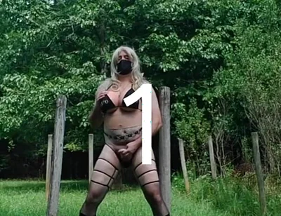 Huge Fake Tits Crossdresser in a Bikini Outside Jacking off