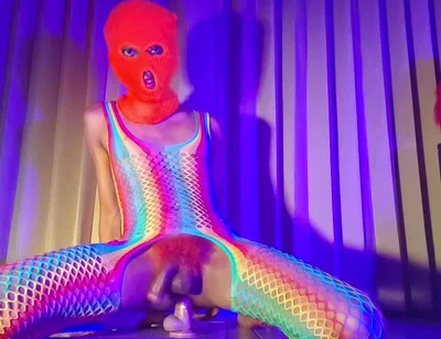 Orange Balaclava Mask Sissy Trans Dyed Pubic Hair Fuck Myself with Dildo