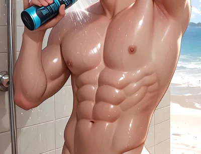 Soft Kawaii Boy in Beach Shower with Pastel Pink Hair