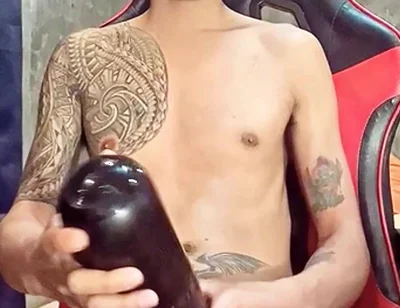 Pinoy Horny Inked Twink Playing with His Masturbator Toy