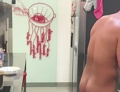 Nude Italian Chef Cooking Spaghetti