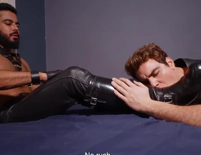 Leather master boots and feet licking cum load