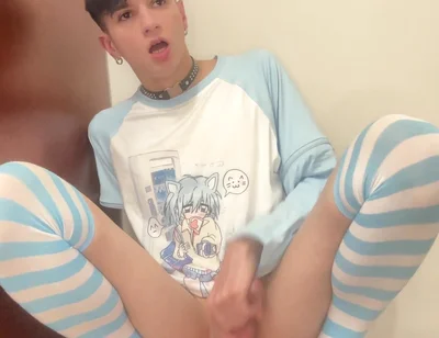 Blue Femboy Having Fun with New Toy