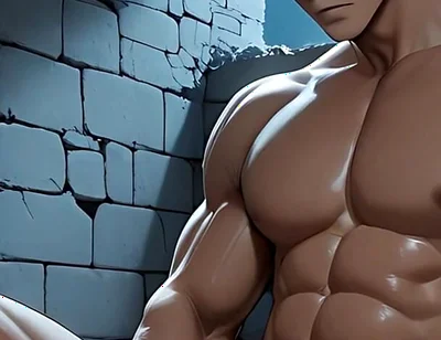 East Asian Handsome Boy Jerking in Library Toilet Under Moonlight Ruins