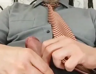 Playing with My Cockring-trapped Thick Cock Until Cumming, Dressed in Tie and Suit Pants