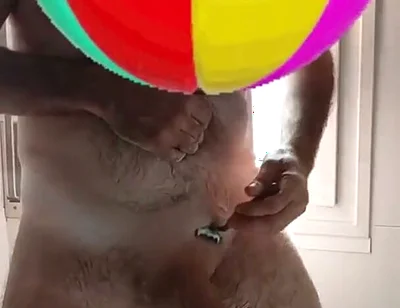 Handsome Mature Chubby with Big Fat Cock Shaving My Cock and Eggs in the Shower in Close-up
