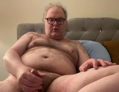 Chubby Glasses Cute Daddy Masturbation White Middle Aged Jerks off with Lube on Bed