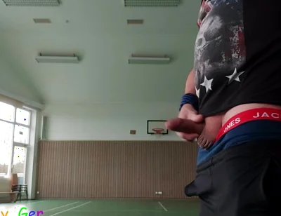 In a Public Sports Hall, I Masturbate My Thick, Veiny Foreskin Cock Until I Cum on the Floor.