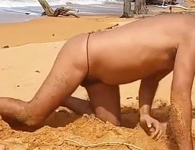 Ladysilva on the Beach Showing off His Hot Ass in Red Panties