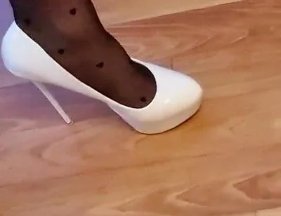 Sexy Trio of High Heels, I Secretly Walk in Their Pantyhose and Play with the Heels